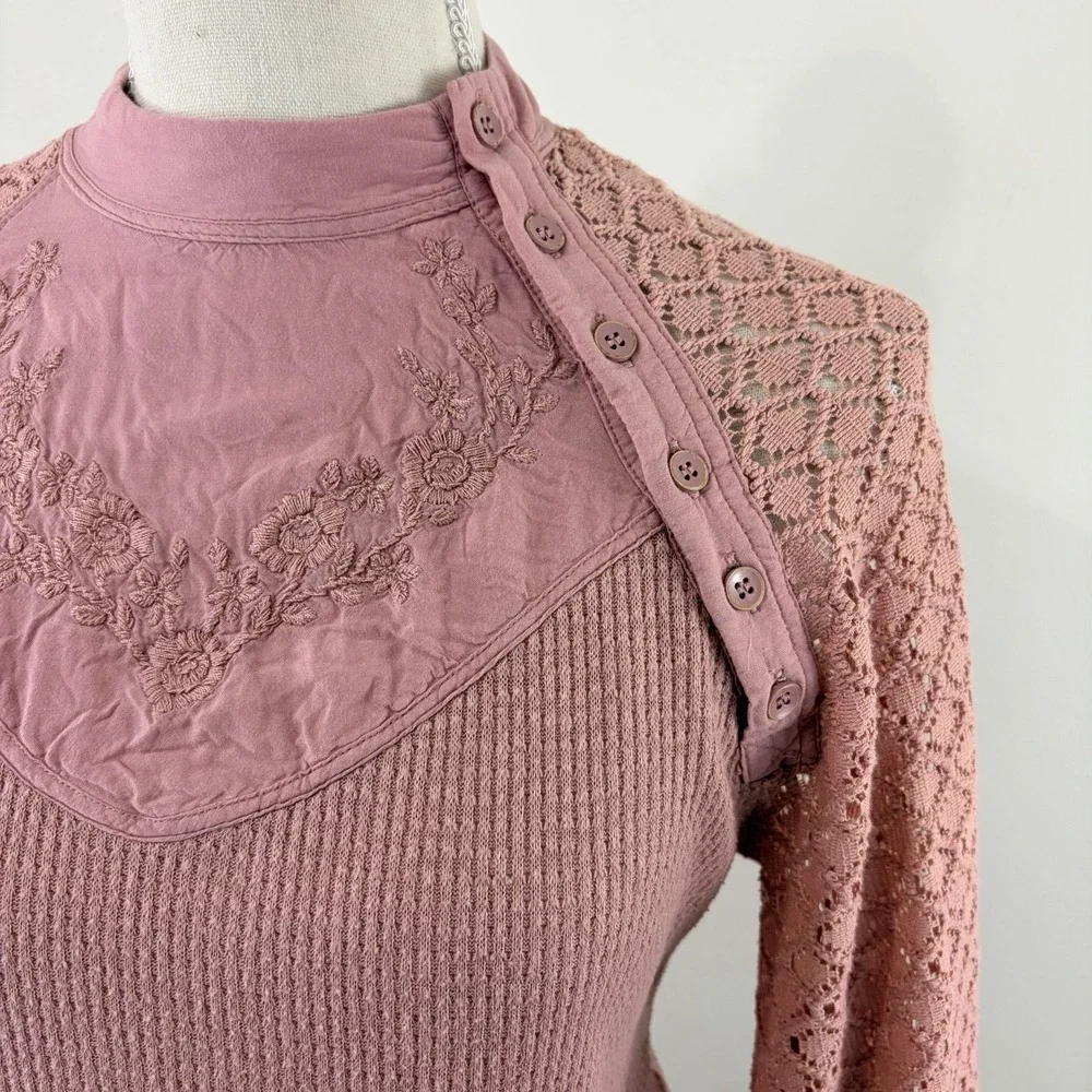 Free People Pink Thermal‎ Lace Long Sleeve Top XS Boho Cottagecore